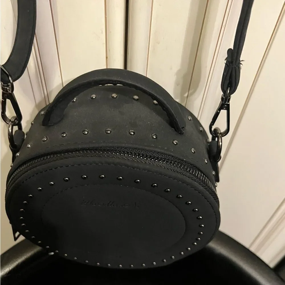 Engraved Studded round crossbody black bucket bag